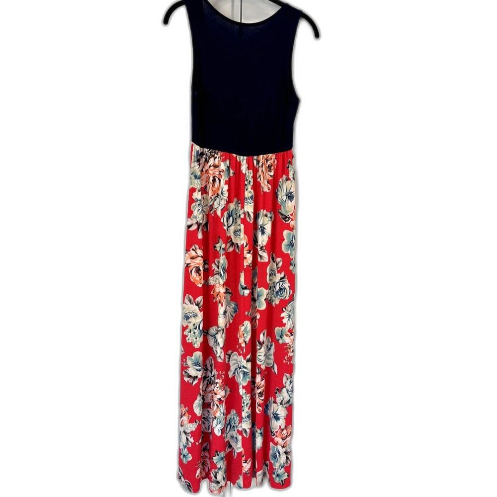 PinkBlush Navy Red Floral Colorblock Maxi Dress Sleeveless Boho Small S - Picture 4 of 5
